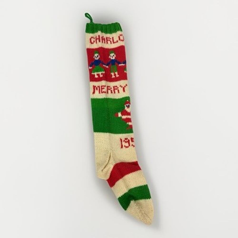 Vtg 1950 Personalized Charlotte Hand Knit Wool Christmas Stocking w/ Santa